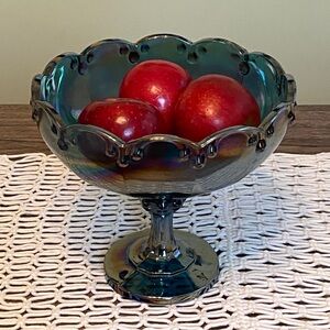 Iridescent Glass Pedestal Bowl Vintage Blue